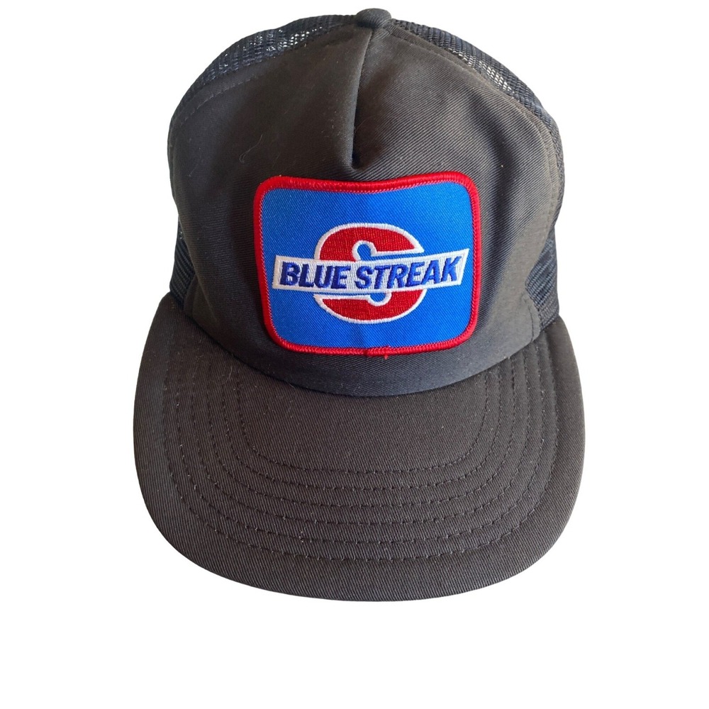 Vintage 1980's Blue Streak Embroidered‎ Patch Mesh Back Hat Cap Adjustable